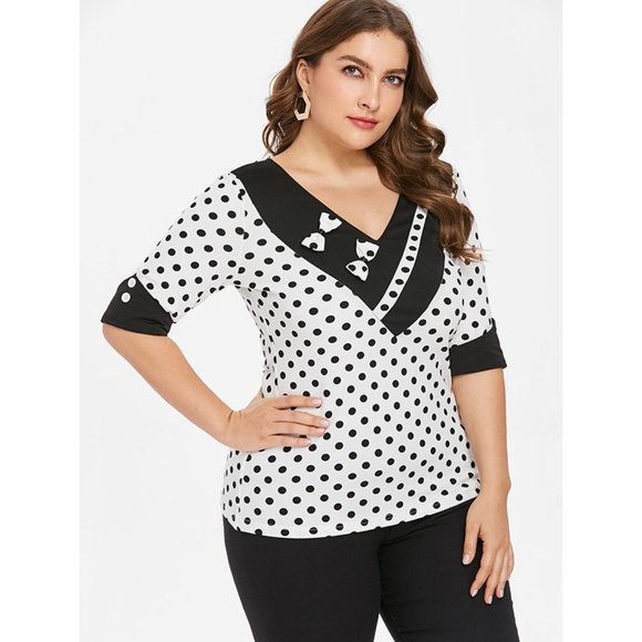 Plus Size Retro Polka Dot V Neck T-shirt - White - Picture 3 of 8